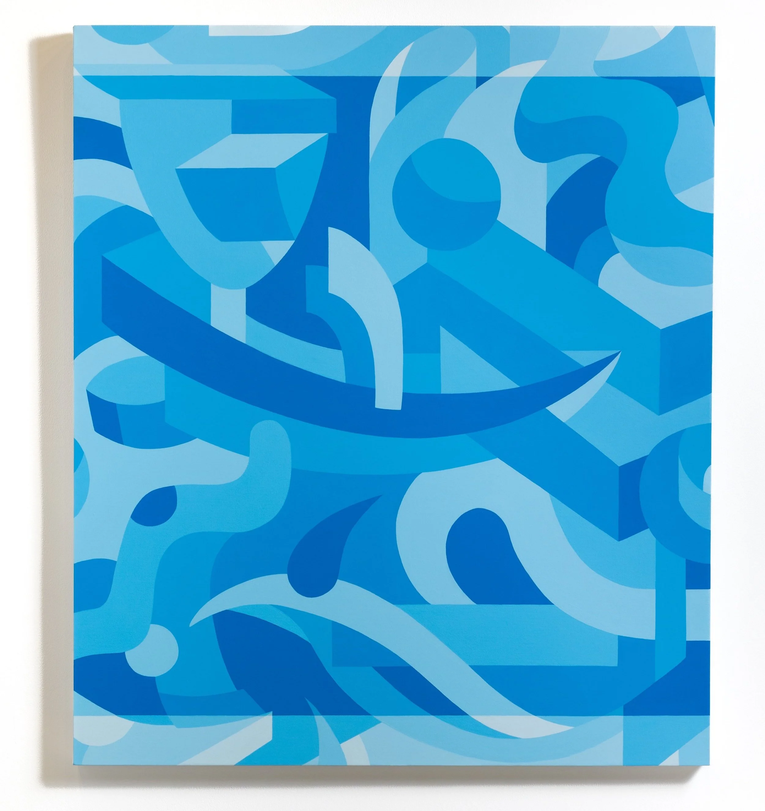 'A Break in the Clouds' original abstract geometric painting in shades of blue by Will Gebhard for Soapbox Arts Gallery in Burlington, VT