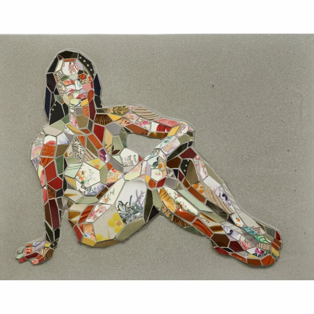 Original Unique Figurative Portrait Mosaic of Woman made from broken dishes and cement by Mary Lacy for Soapbox Arts Gallery in Burlington, VT