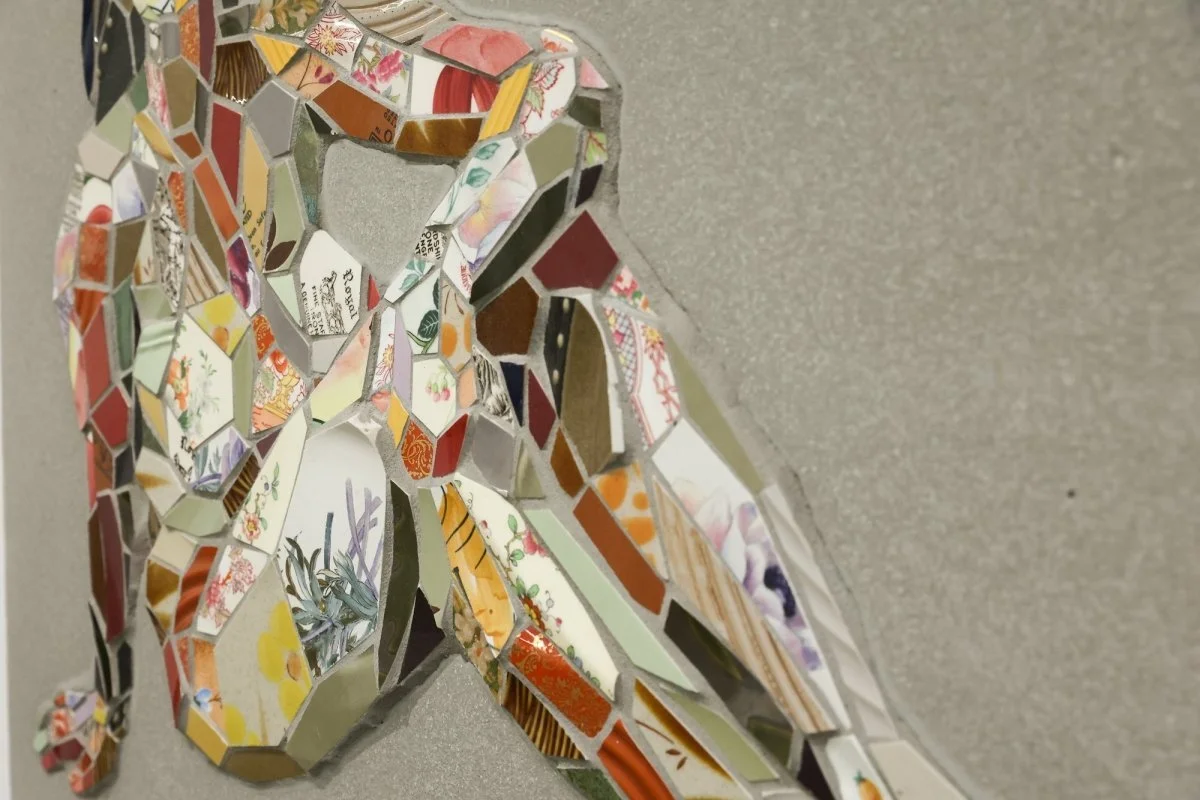 Original Unique Figurative Portrait Mosaic of Woman made from broken dishes and cement by Mary Lacy for Soapbox Arts Gallery in Burlington, VT