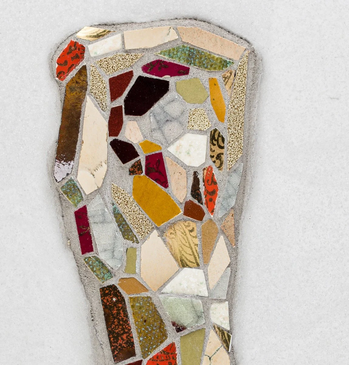 Original Unique Figurative Portrait Mosaic of Woman made from broken dishes and cement by Mary Lacy for Soapbox Arts Gallery in Burlington, VT