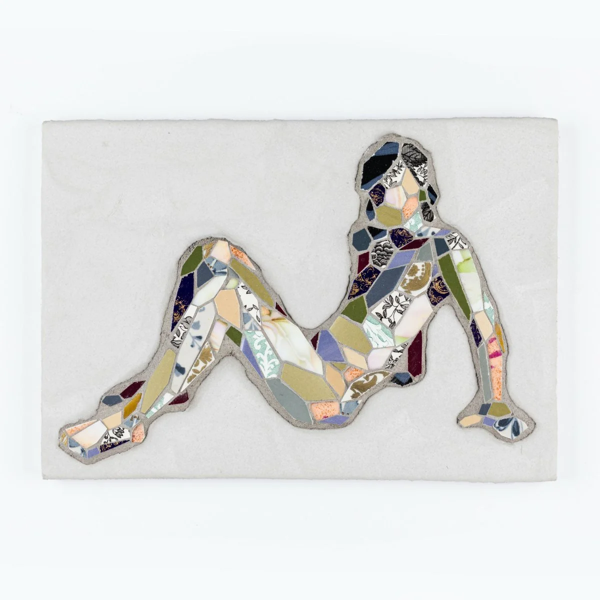 Original Unique Figurative Portrait Mosaic of Woman made from broken dishes and cement by Mary Lacy for Soapbox Arts Gallery in Burlington, VT