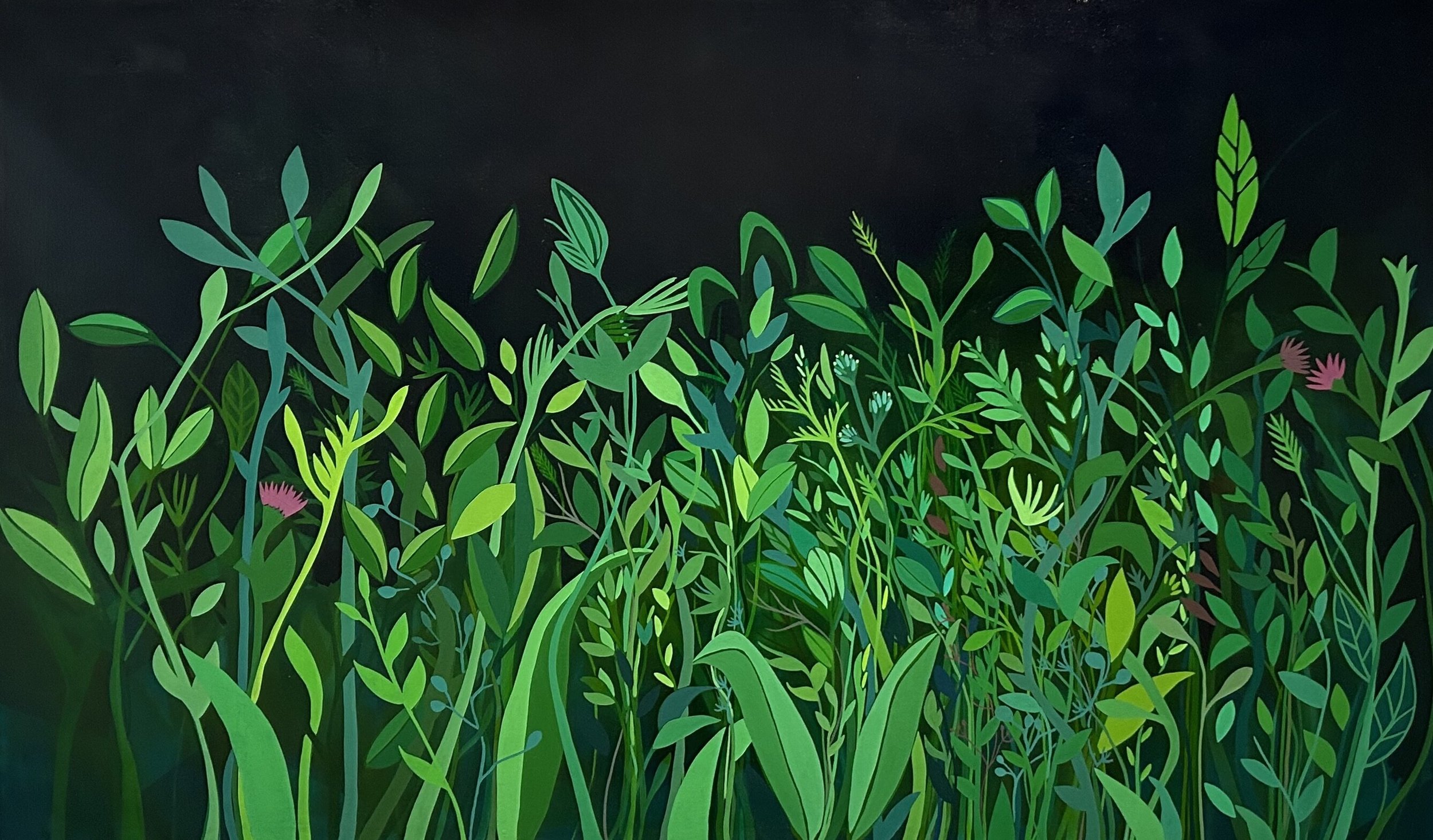 "Entering the Field of Hawkweed at Night" Oil Painting of Dark Green Lush Jungle Foliage by Sage Tucker-Ketcham @ Soapbox Arts Gallery, Burlington, VT