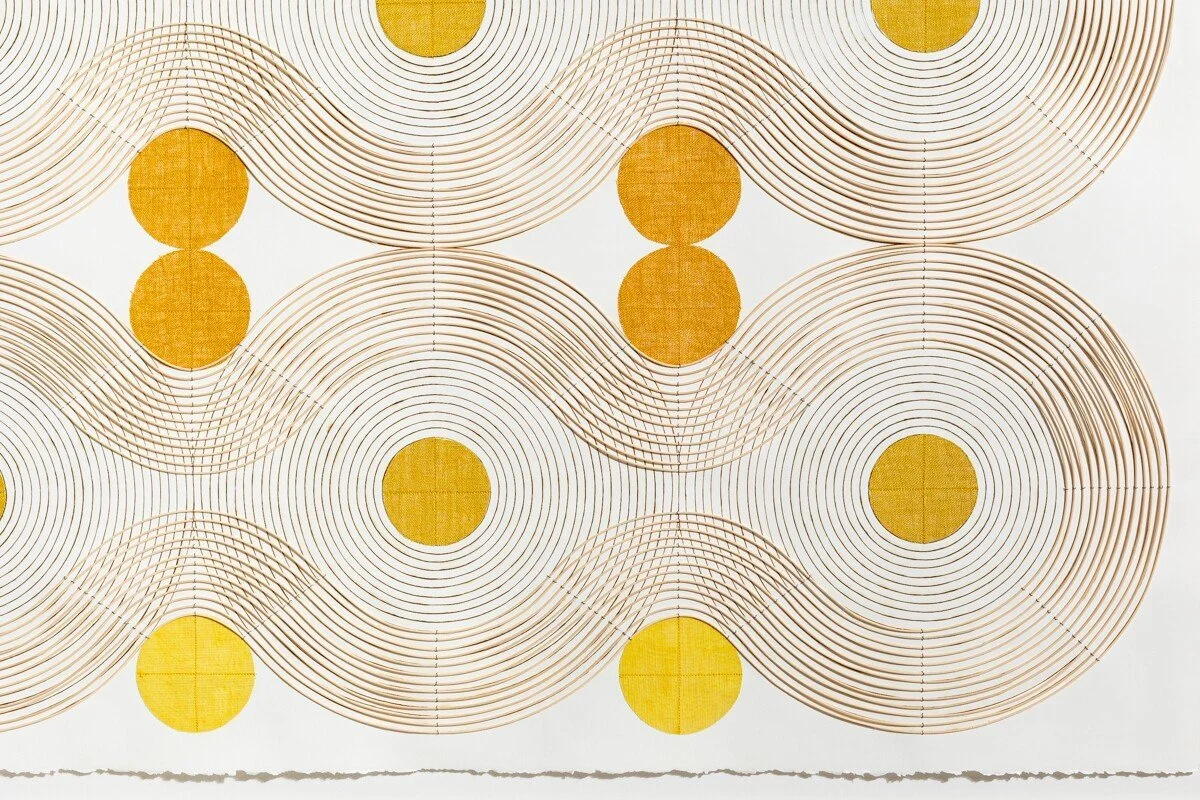 "Held Light" Geometric Art with Burned Lines and Dyed Reeds on Paper by Katrine Hildebrandt-Hussey @ Soapbox Arts Gallery, Burlington, VT