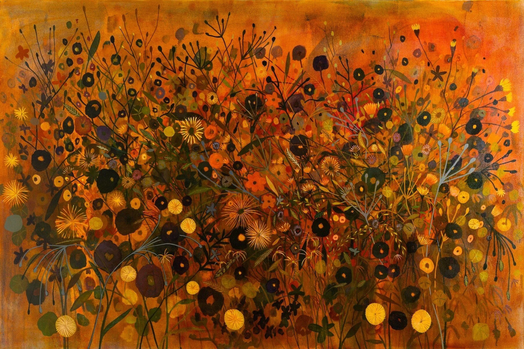 "Golden Hour Wildflowers" Oil Painting of Green and Golden Lush Foliage by Sage Tucker-Ketcham @ Soapbox Arts Gallery, Burlington, VT