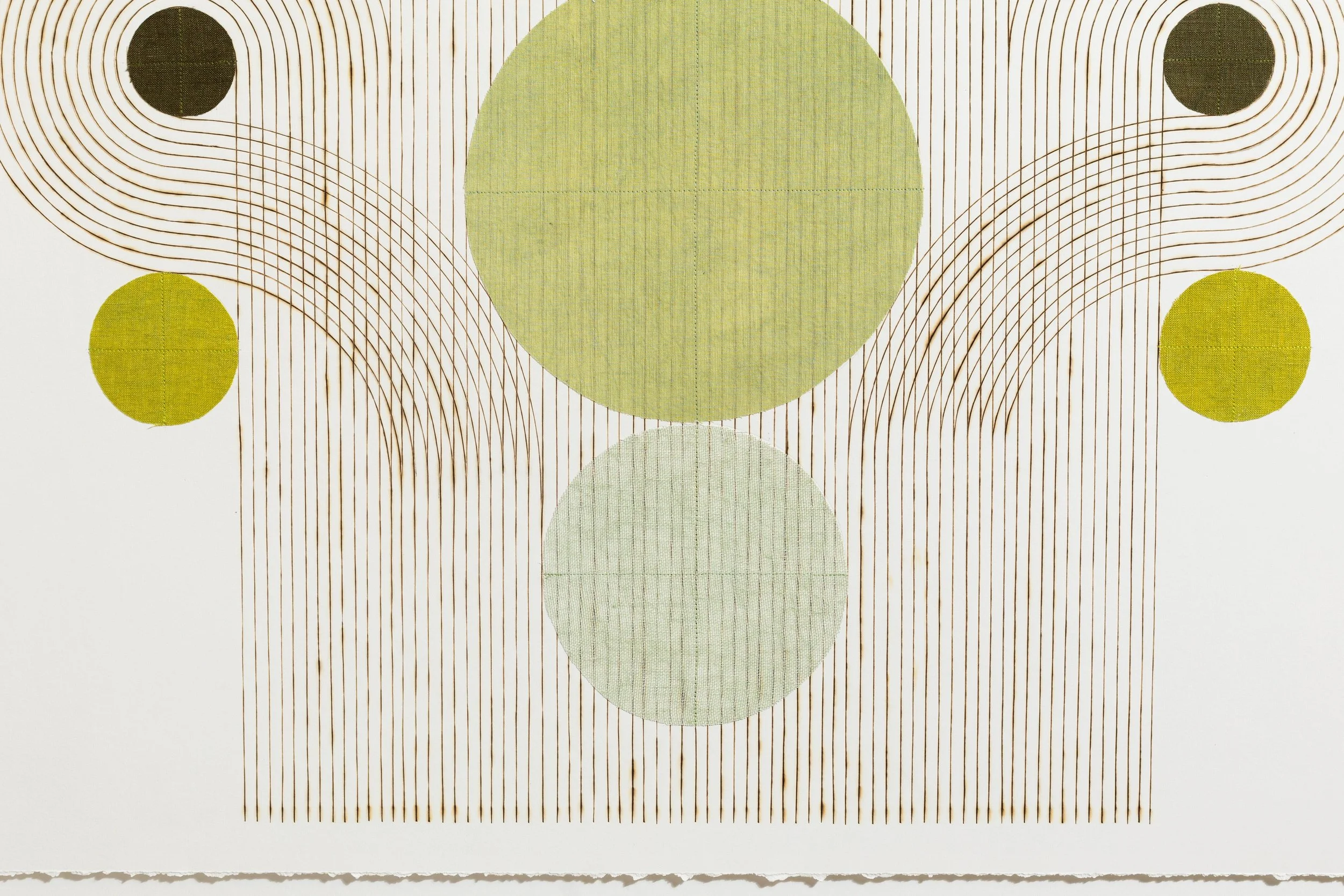 "Unfurl" Geometric Art with Burned Lines and Dyed Reeds on Paper by Katrine Hildebrandt-Hussey @ Soapbox Arts Gallery, Burlington, VT