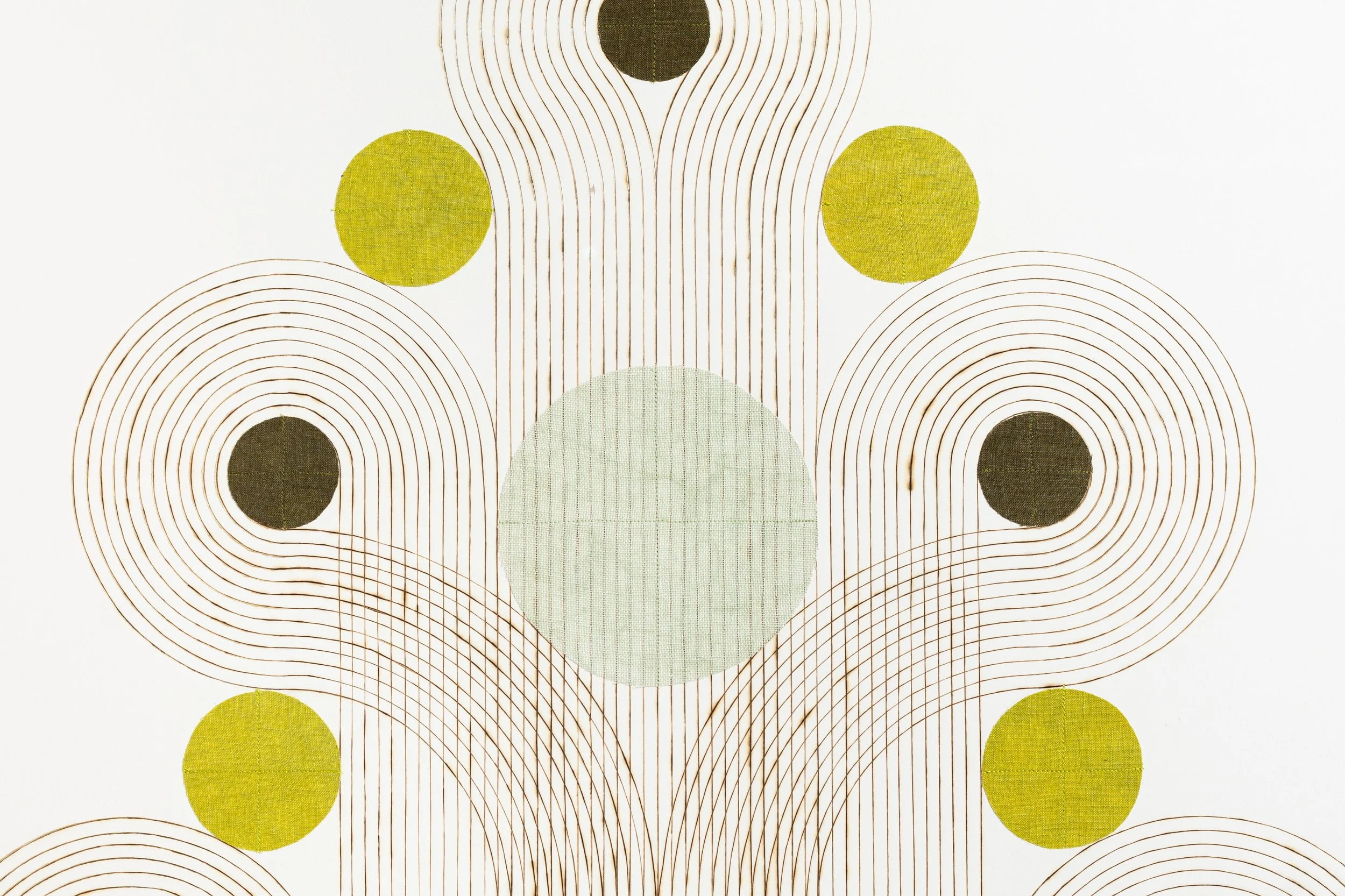 "Unfurl" Geometric Art with Burned Lines and Dyed Reeds on Paper by Katrine Hildebrandt-Hussey @ Soapbox Arts Gallery, Burlington, VT