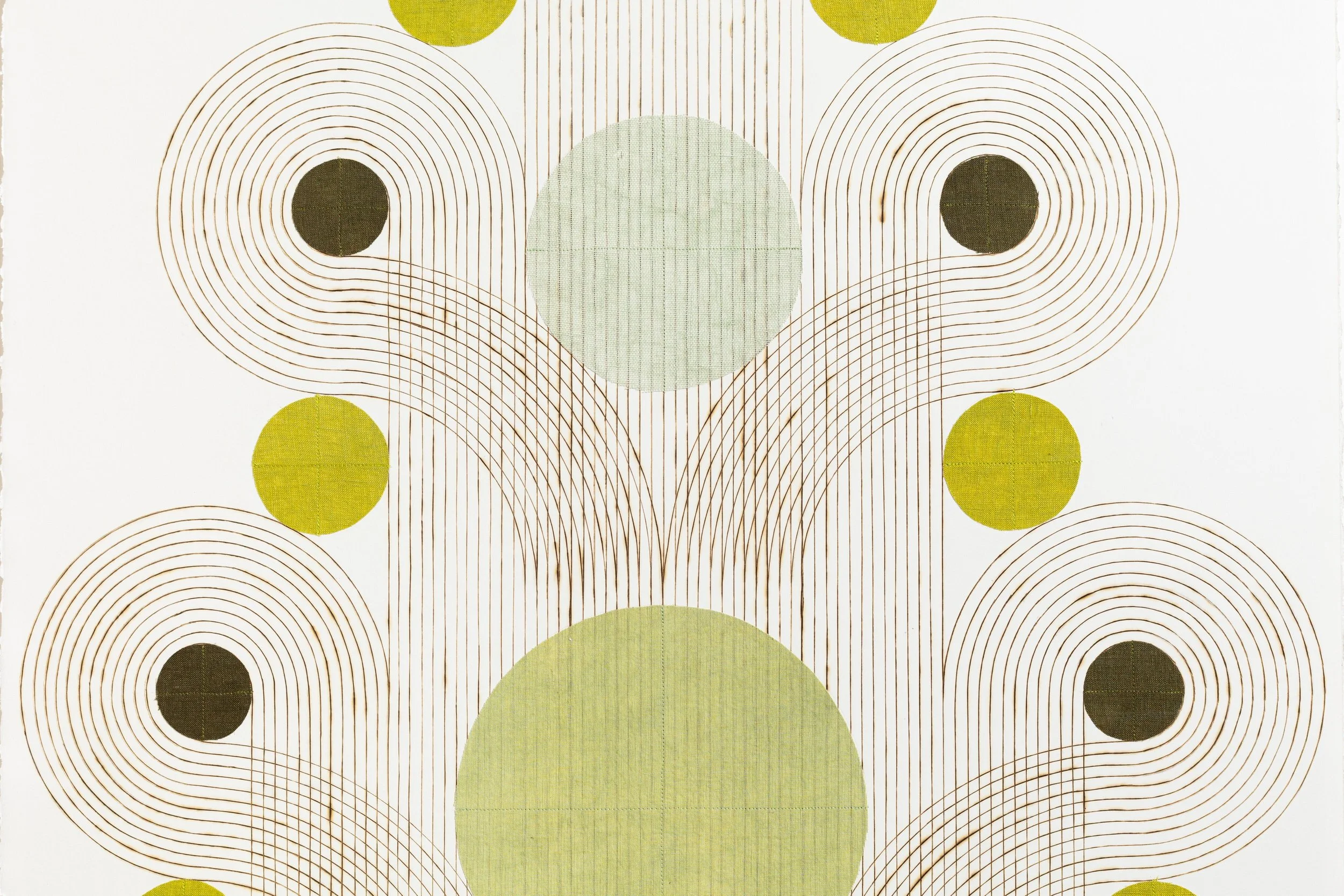 "Unfurl" Geometric Art with Burned Lines and Dyed Reeds on Paper by Katrine Hildebrandt-Hussey @ Soapbox Arts Gallery, Burlington, VT