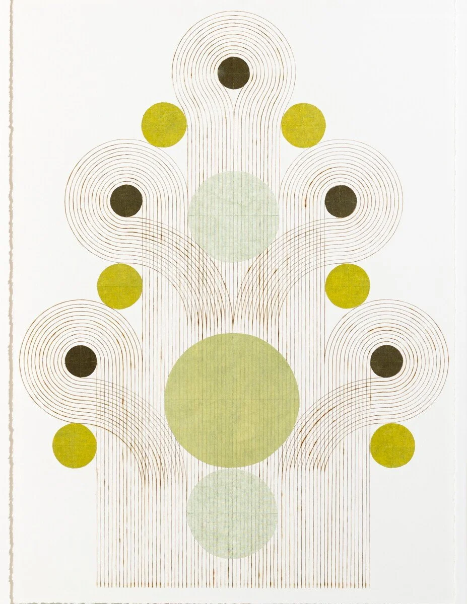 "Unfurl" Geometric Art with Burned Lines and Dyed Reeds on Paper by Katrine Hildebrandt-Hussey @ Soapbox Arts Gallery, Burlington, VT