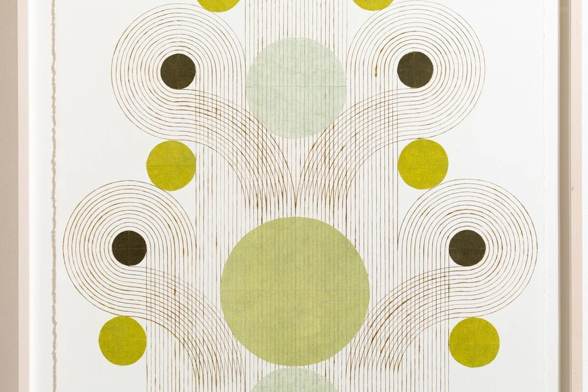 "Unfurl" Geometric Art with Burned Lines and Dyed Reeds on Paper by Katrine Hildebrandt-Hussey @ Soapbox Arts Gallery, Burlington, VT