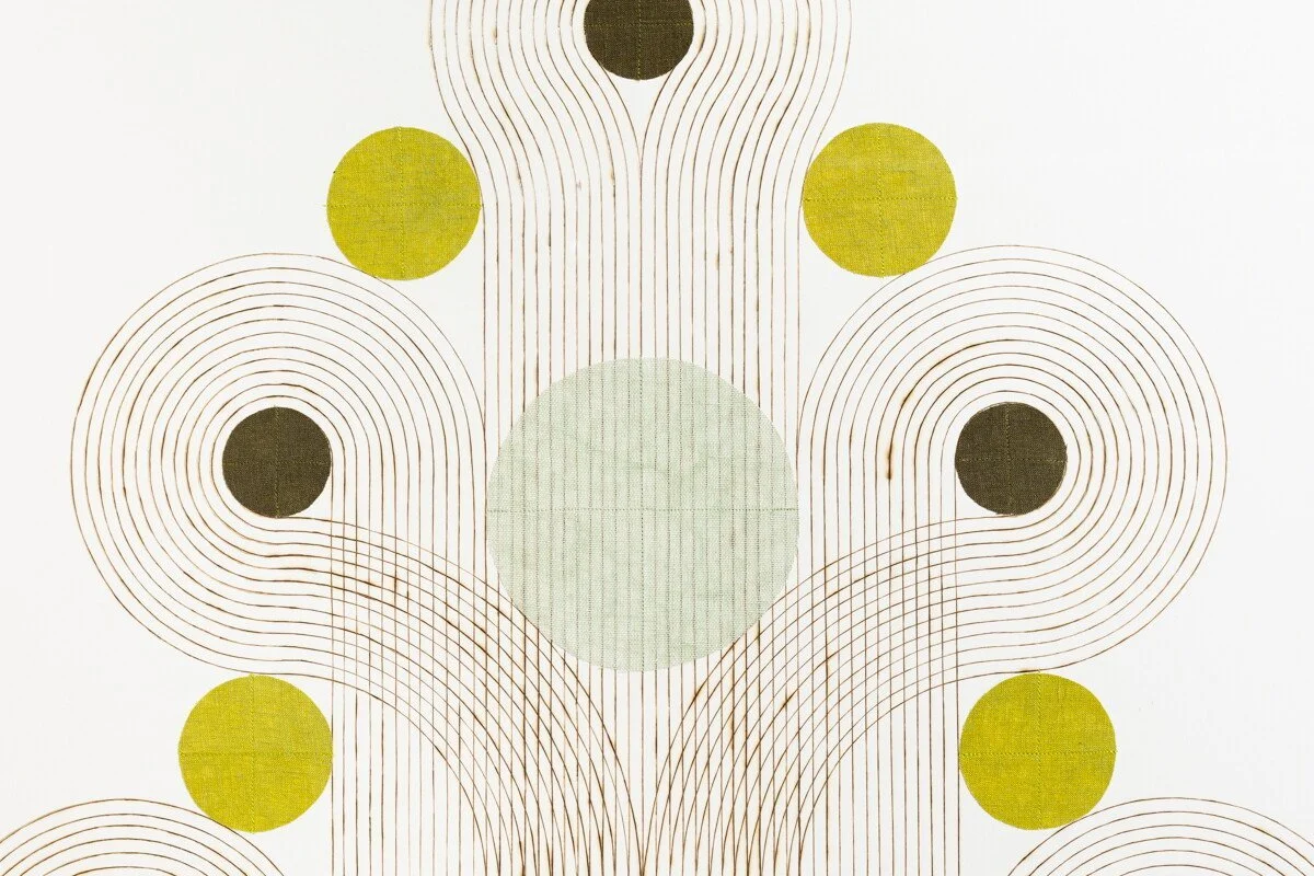 "Unfurl" Geometric Art with Burned Lines and Dyed Reeds on Paper by Katrine Hildebrandt-Hussey @ Soapbox Arts Gallery, Burlington, VT