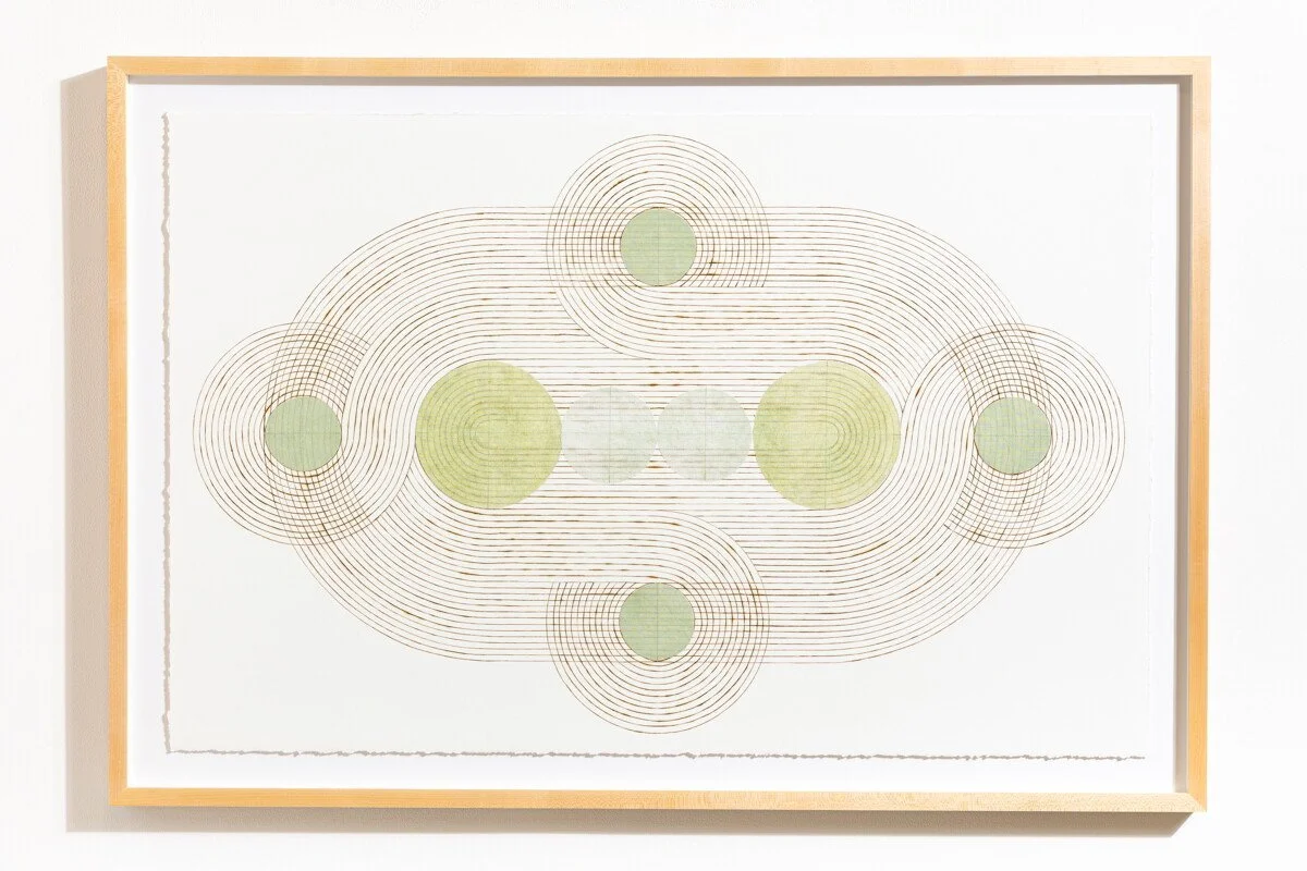 "Conjoined" Geometric Art with Burned Lines and Dyed Reeds on Paper by Katrine Hildebrandt-Hussey @ Soapbox Arts Gallery, Burlington, VT