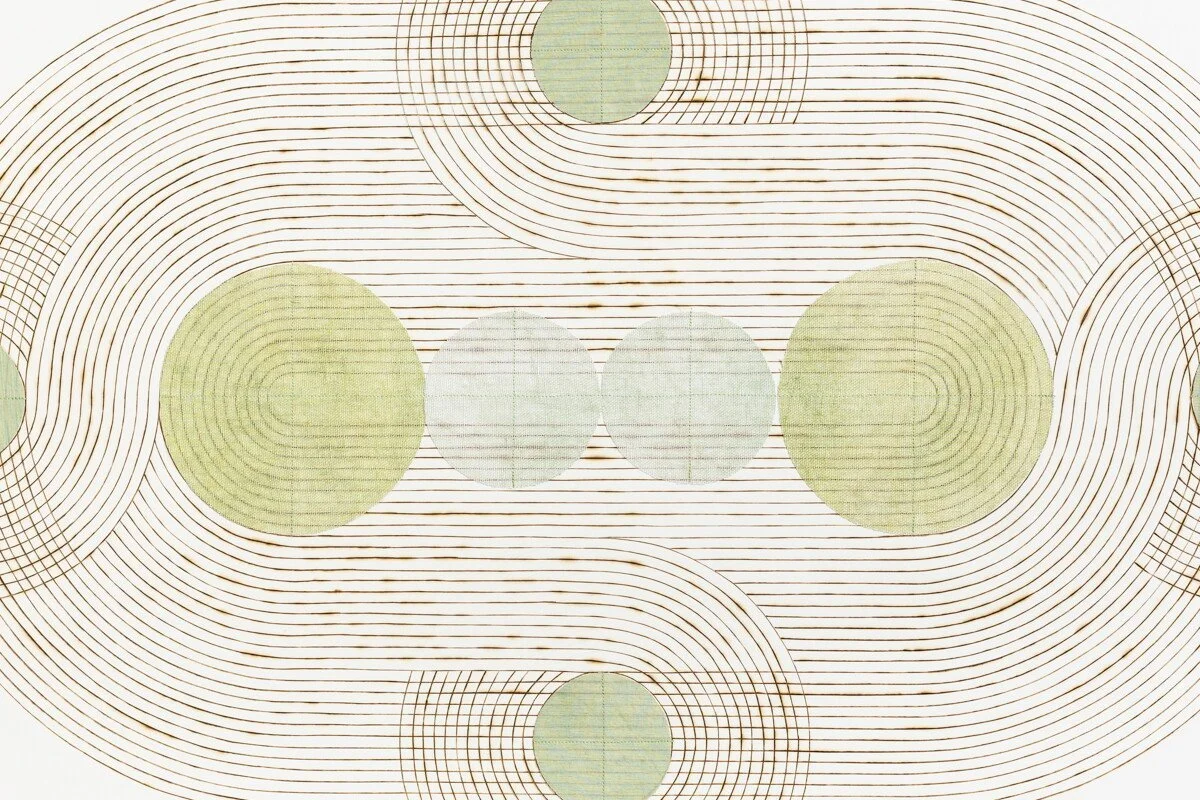 "Conjoined" Geometric Art with Burned Lines and Dyed Reeds on Paper by Katrine Hildebrandt-Hussey @ Soapbox Arts Gallery, Burlington, VT