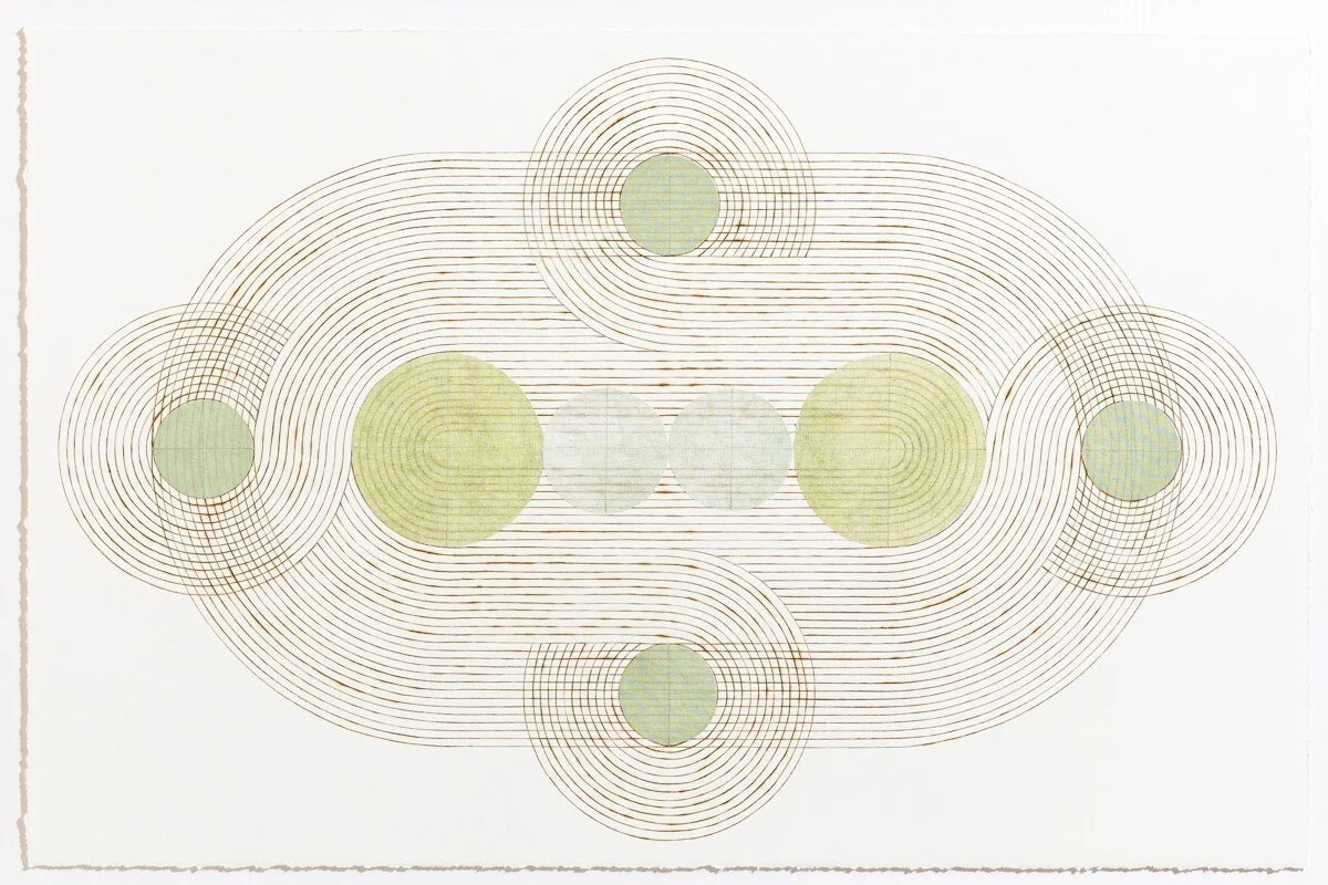 "Conjoined" Geometric Art with Burned Lines and Dyed Reeds on Paper by Katrine Hildebrandt-Hussey @ Soapbox Arts Gallery, Burlington, VT