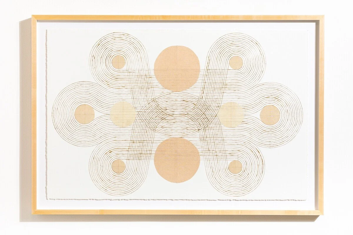 "Interlock" Geometric Art with Burned Lines and Dyed Reeds on Paper by Katrine Hildebrandt-Hussey @ Soapbox Arts Gallery, Burlington, VT
