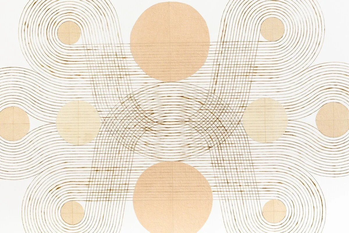 "Interlock" Geometric Art with Burned Lines and Dyed Reeds on Paper by Katrine Hildebrandt-Hussey @ Soapbox Arts Gallery, Burlington, VT