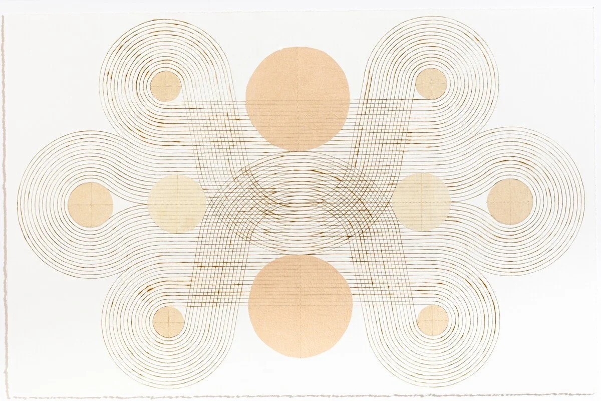 "Interlock" Geometric Art with Burned Lines and Dyed Reeds on Paper by Katrine Hildebrandt-Hussey @ Soapbox Arts Gallery, Burlington, VT