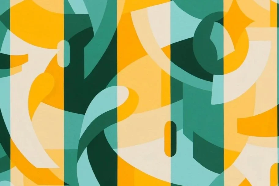 'Open Season' original abstract geometric painting in shades of green and yellow by Will Gebhard for Soapbox Arts Gallery in Burlington, VT