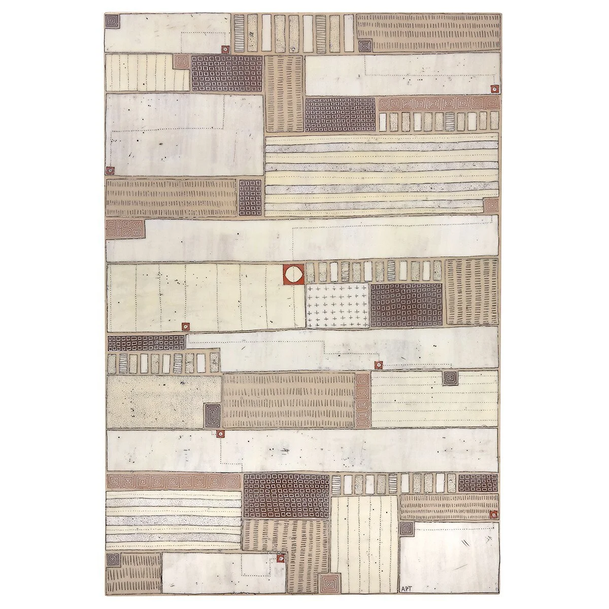 Mixed media, collage, and encaustic original artwork on panel featuring abstract geometric design in black, and neutrals by Athena Petra Tasiopoulos for Soapbox Arts Gallery