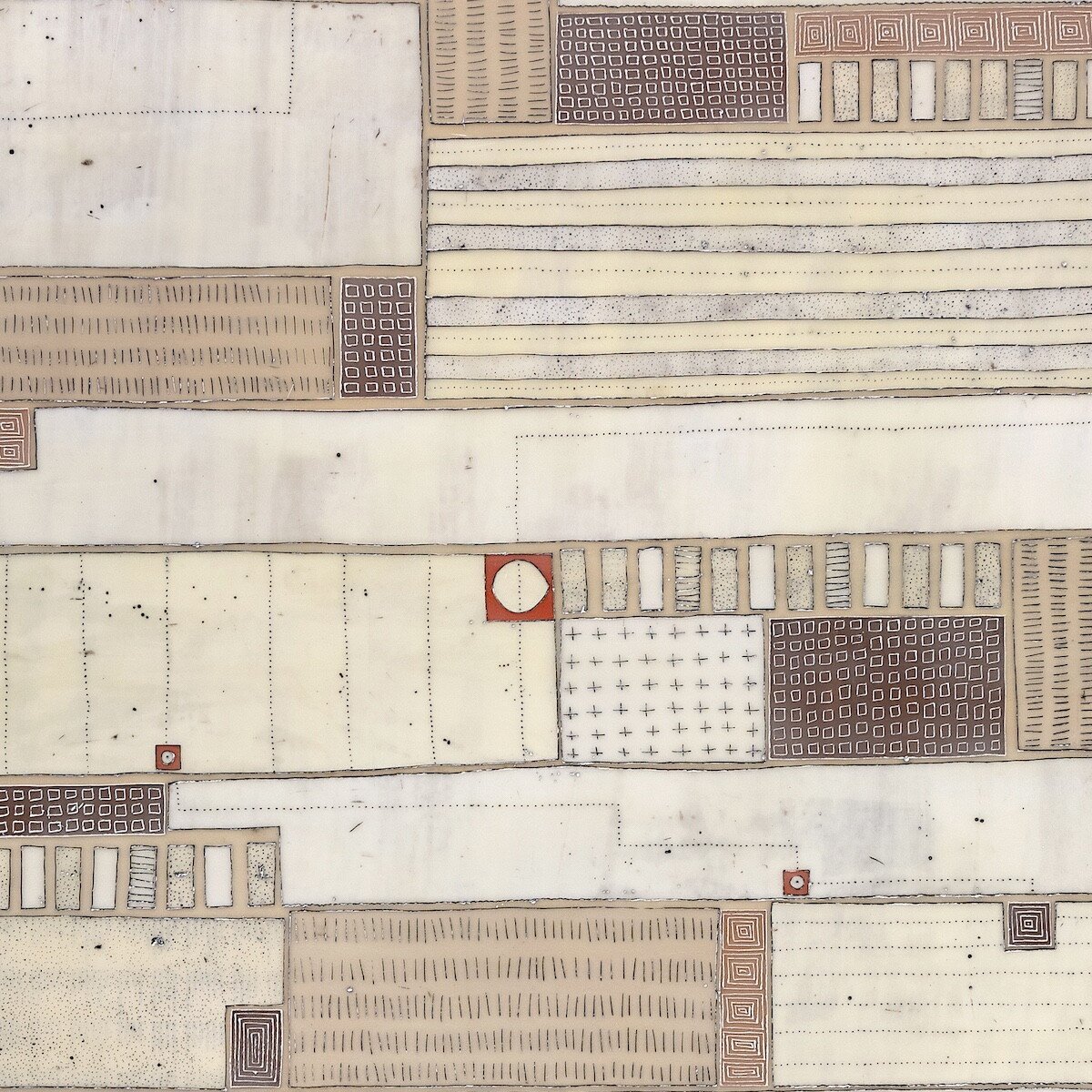 Mixed media, collage, and encaustic original artwork on panel featuring abstract geometric design in black, and neutrals by Athena Petra Tasiopoulos for Soapbox Arts Gallery