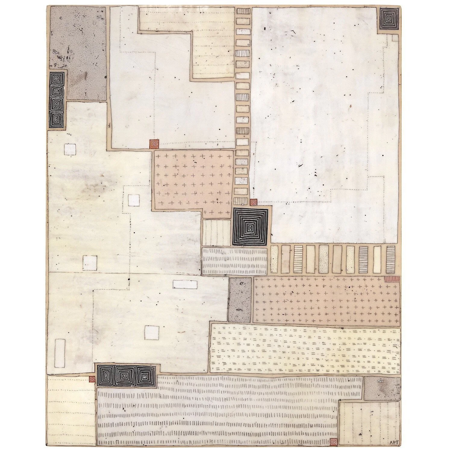 Mixed media, collage, and encaustic original artwork on panel featuring abstract geometric design in black, and neutrals by Athena Petra Tasiopoulos for Soapbox Arts Gallery