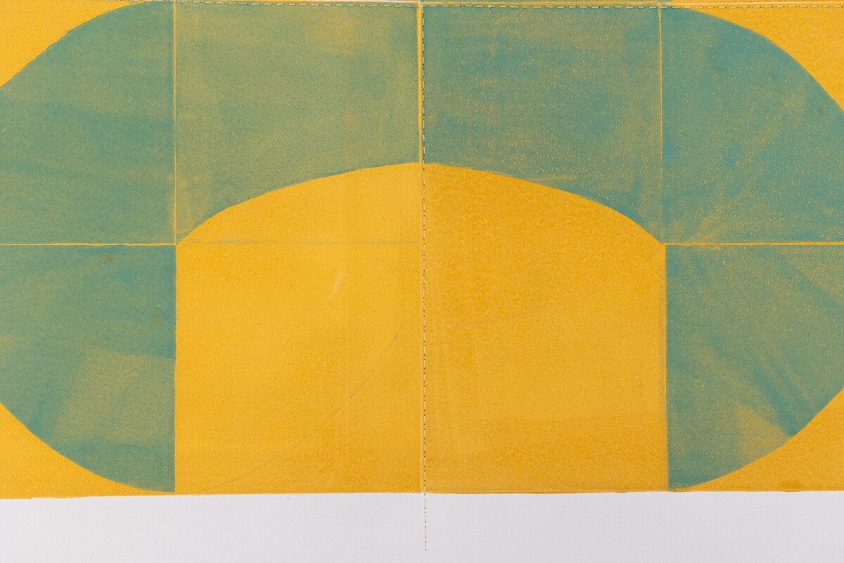 original geometric abstract monoprints with stitching on paper by Elise Whittemore for Soapbox Arts Gallery in Burlington, Vermont