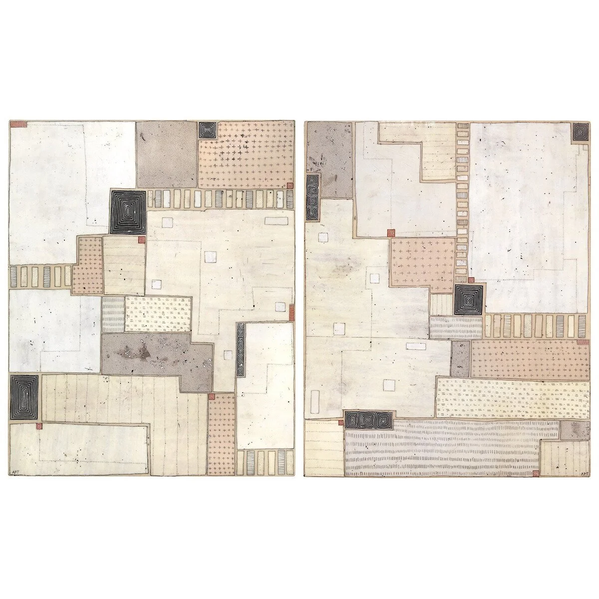 Mixed media, collage, and encaustic original artwork on panel featuring abstract geometric design in black, and neutrals by Athena Petra Tasiopoulos for Soapbox Arts Gallery