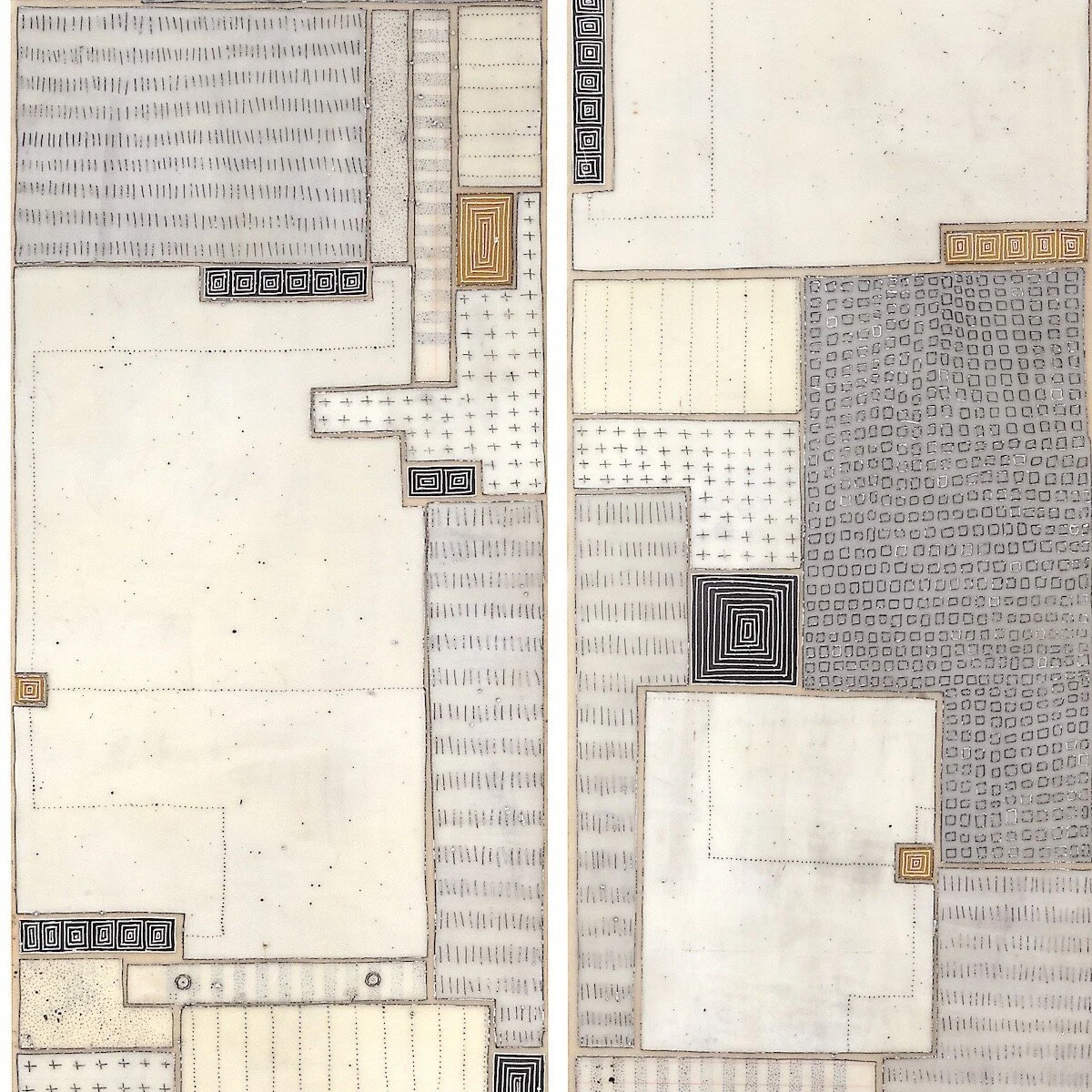 Mixed media, collage, and encaustic original artwork on panel featuring abstract geometric design in black, and neutrals by Athena Petra Tasiopoulos for Soapbox Arts Gallery