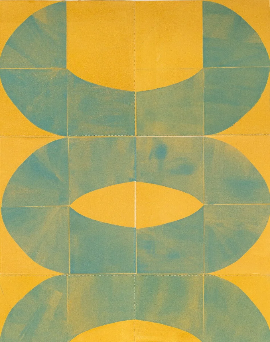 original geometric abstract monoprints with stitching on paper by Elise Whittemore for Soapbox Arts Gallery in Burlington, Vermont