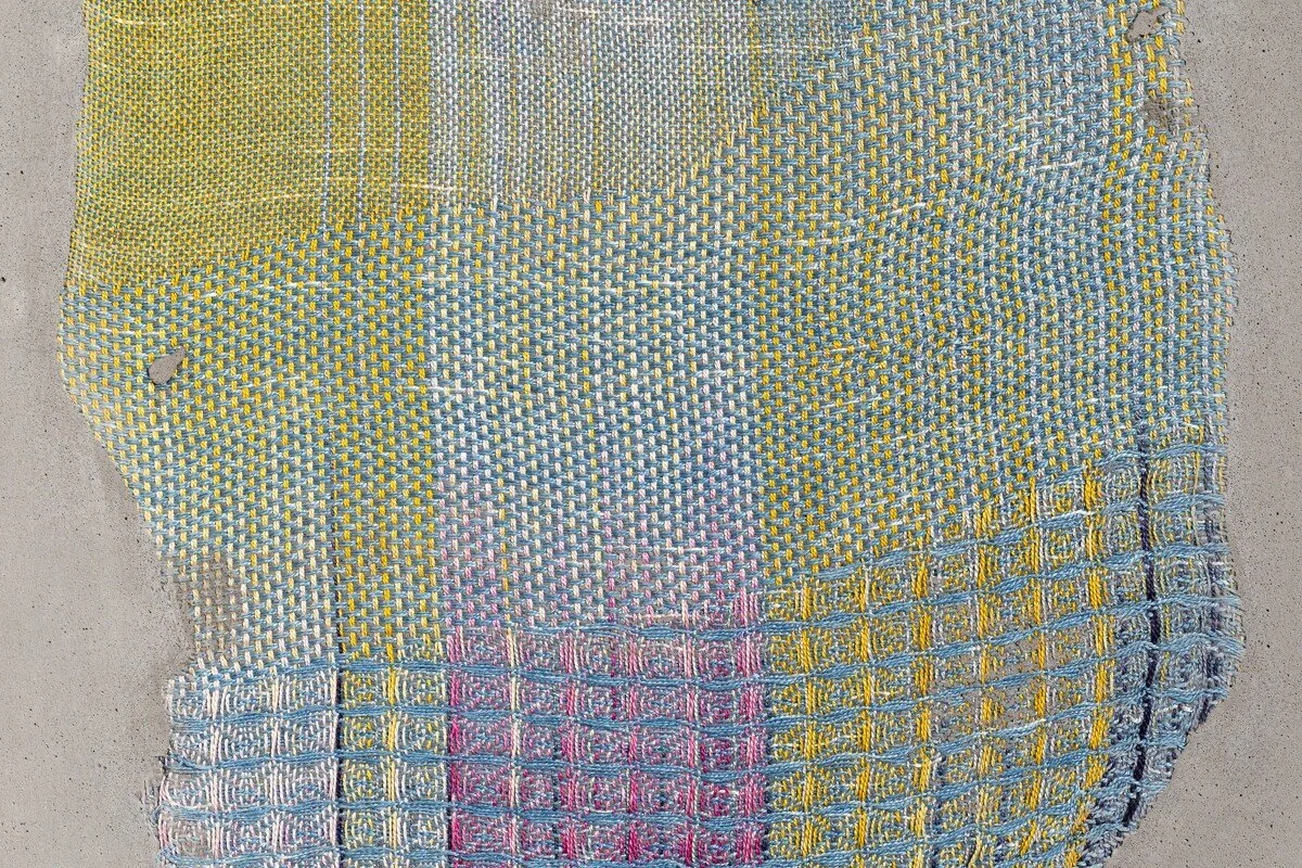 Colorful abstract mixed media sculptural weavings by Crystal Gregory at Soapbox Arts Gallery in Burlington, VT