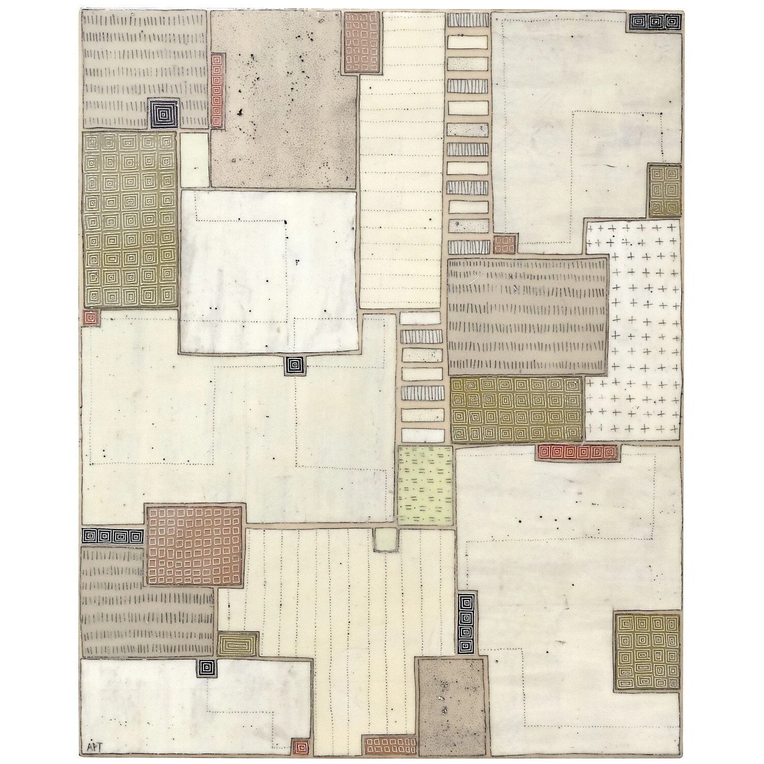 Mixed media, collage, and encaustic original artwork on panel featuring abstract geometric design in black, and neutrals by Athena Petra Tasiopoulos for Soapbox Arts Gallery