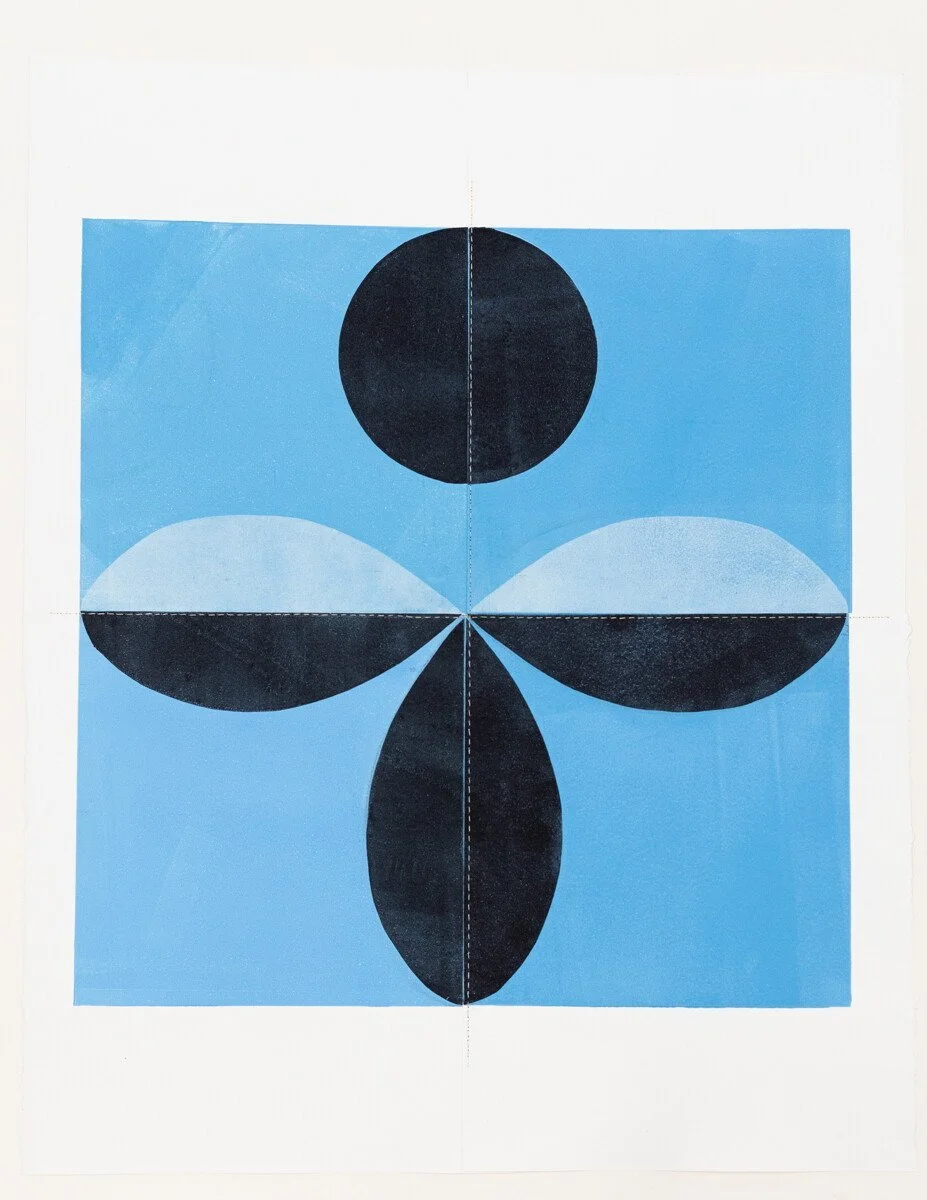 original geometric abstract monoprints with stitching on paper by Elise Whittemore for Soapbox Arts Gallery in Burlington, Vermont