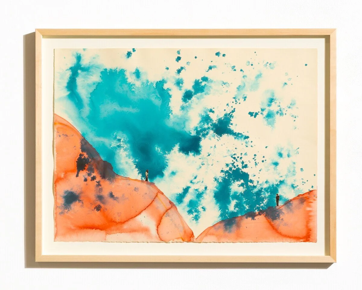 Original mixed media collage by Burlington-based artist, Vanessa Compton, of two figures on abstract watercolor hills available at Soapbox Arts Gallery in Burlington, VT