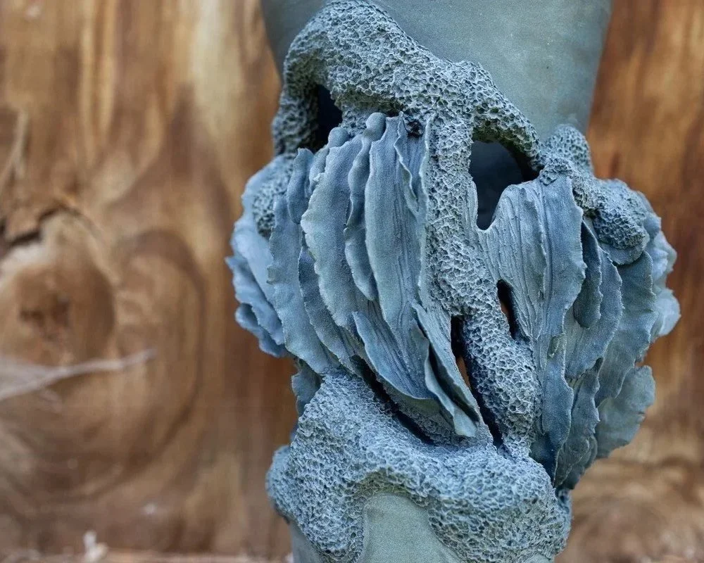 detail of intricate ceramic form in blue clay by Hannah Cieri