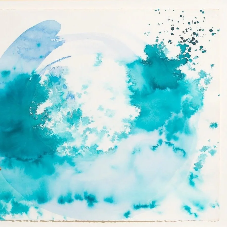 Original mixed media collage by Burlington-based artist, Vanessa Compton, of one cowboy figure with abstract watercolor shapes available at Soapbox Arts Gallery in Burlington, VT