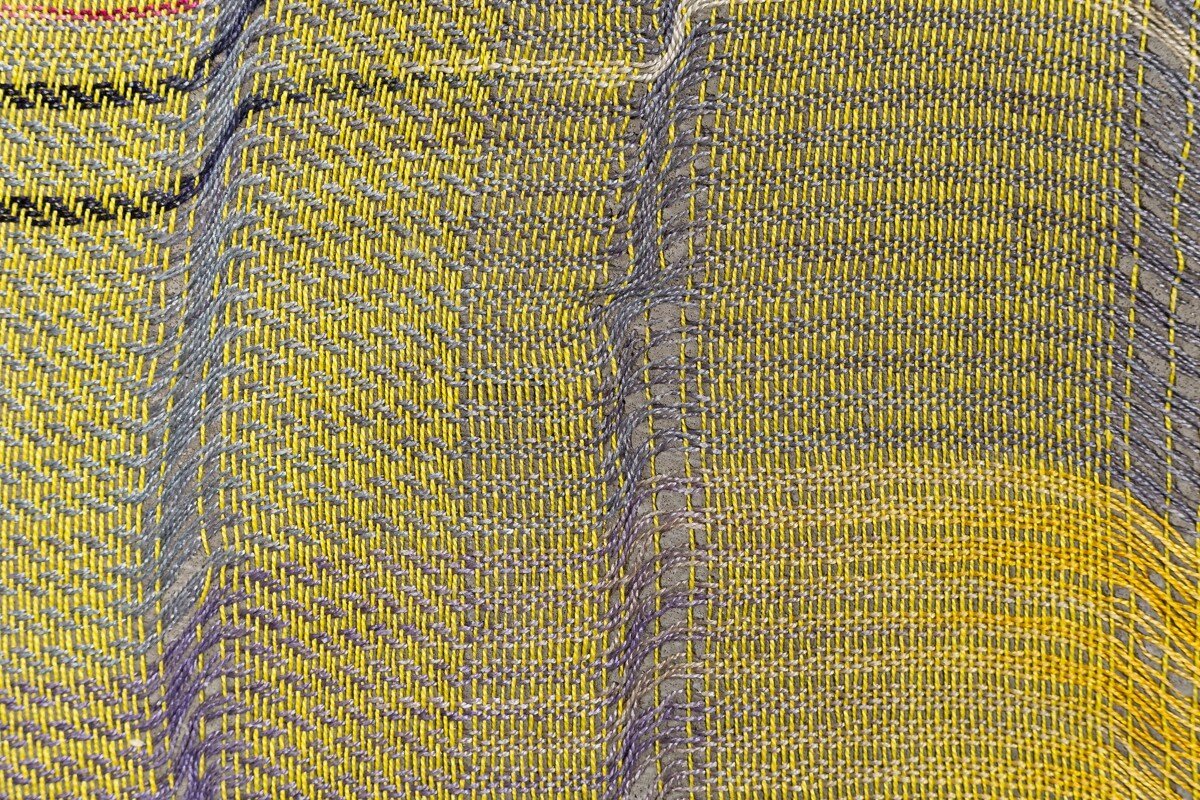 Colorful abstract mixed media sculptural weavings by Crystal Gregory at Soapbox Arts Gallery in Burlington, VT