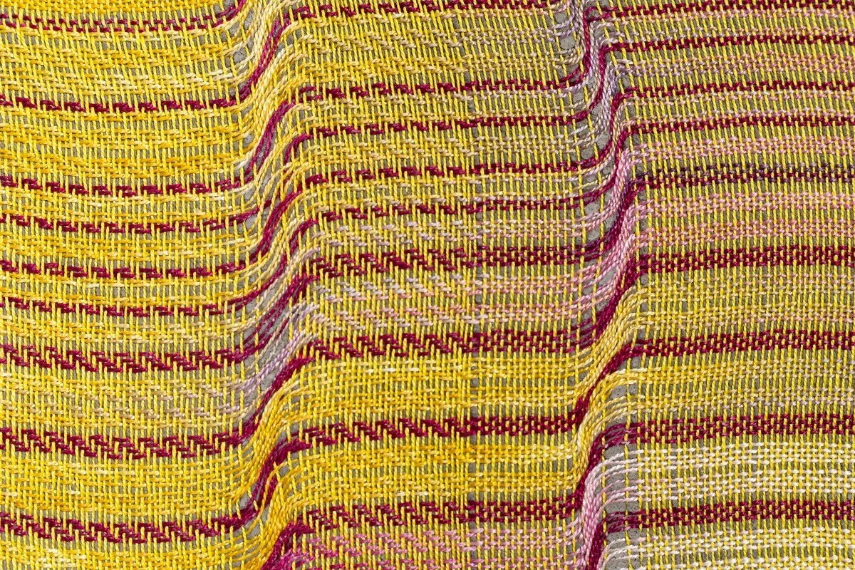 Colorful abstract mixed media sculptural weavings by Crystal Gregory at Soapbox Arts Gallery in Burlington, VT