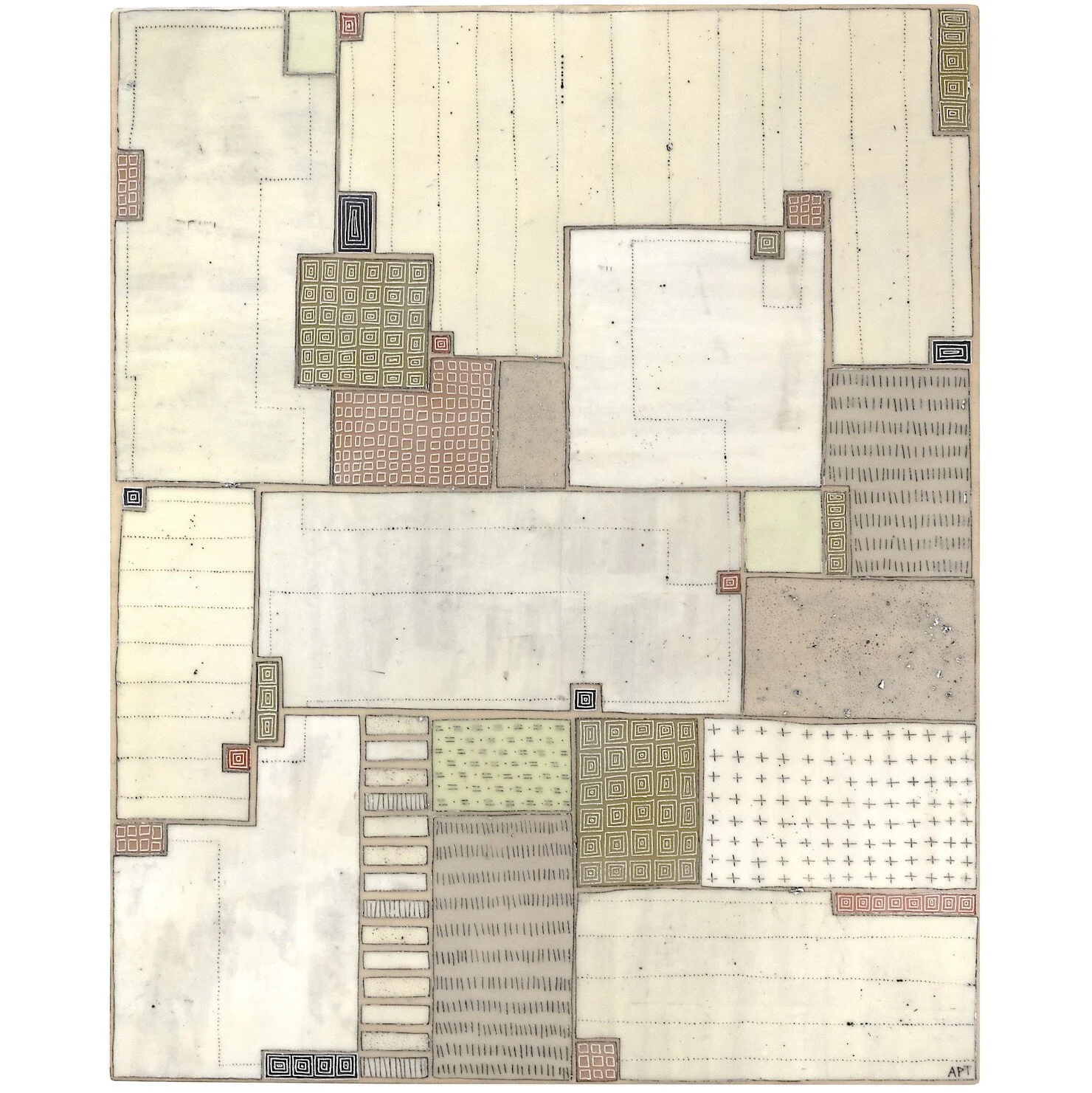 Mixed media, collage, and encaustic original artwork on panel featuring abstract geometric design in black, and neutrals by Athena Petra Tasiopoulos for Soapbox Arts Gallery