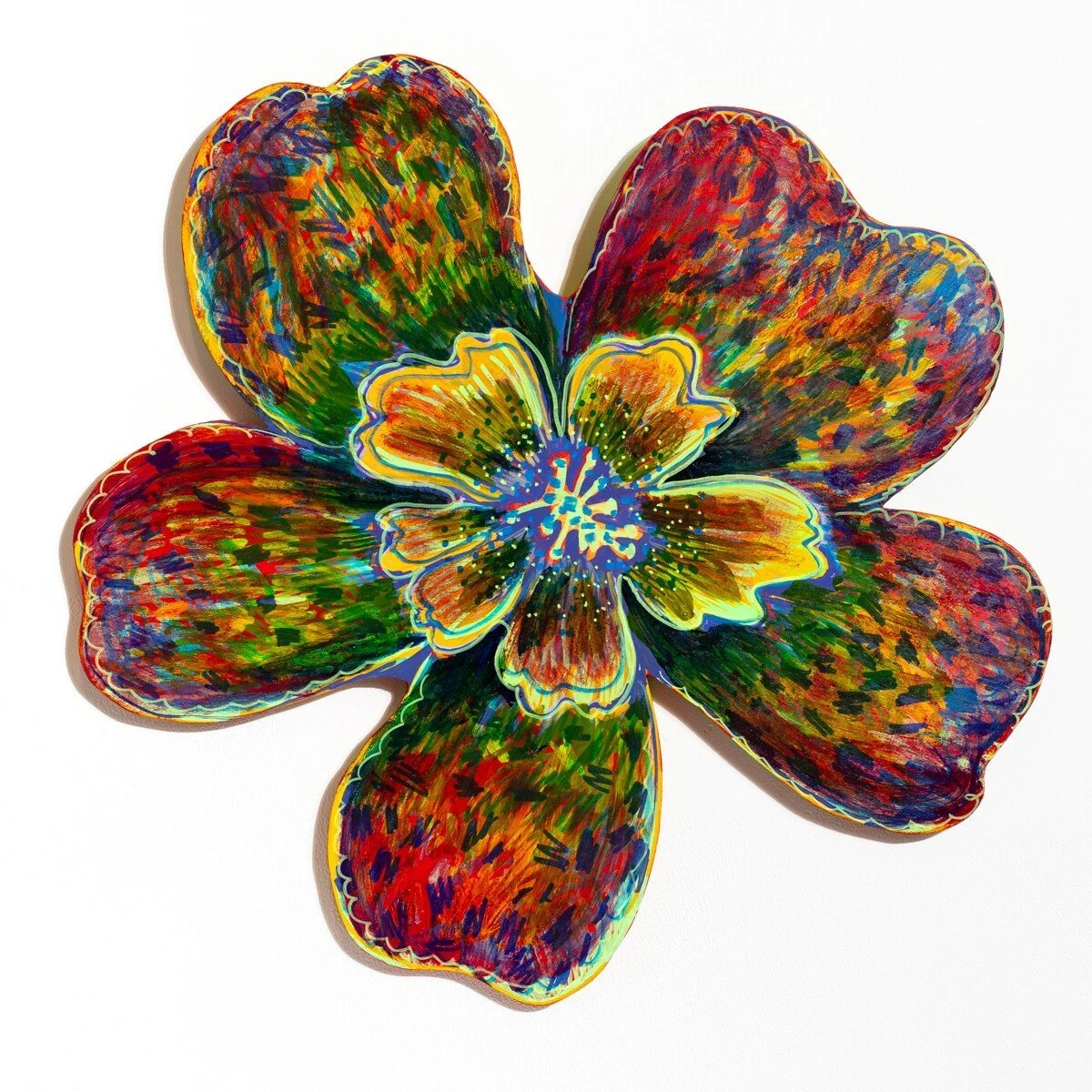 Original brightly colored, floral-inspired wood cutout in acrylic by Vermont-based artist, Wylie Garcia, available at Soapbox Arts Gallery in Burlington, VT
