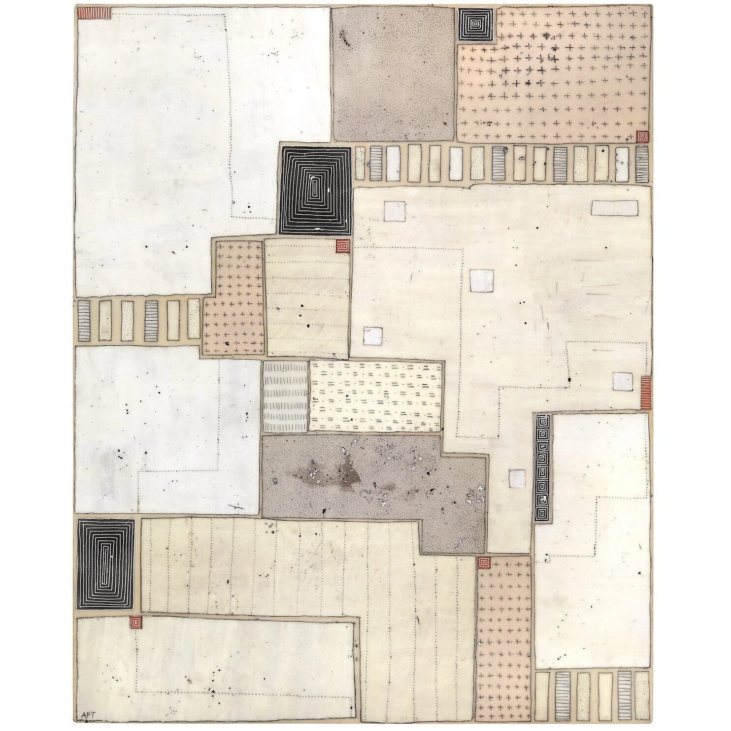 Mixed media, collage, and encaustic original artwork on panel featuring abstract geometric design in black, and neutrals by Athena Petra Tasiopoulos for Soapbox Arts Gallery