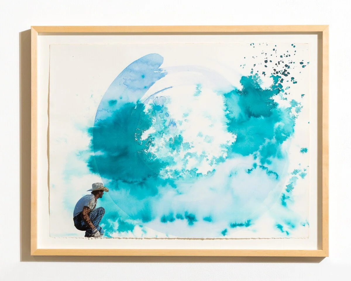 Original mixed media collage by Burlington-based artist, Vanessa Compton, of one cowboy figure with abstract watercolor shapes available at Soapbox Arts Gallery in Burlington, VT
