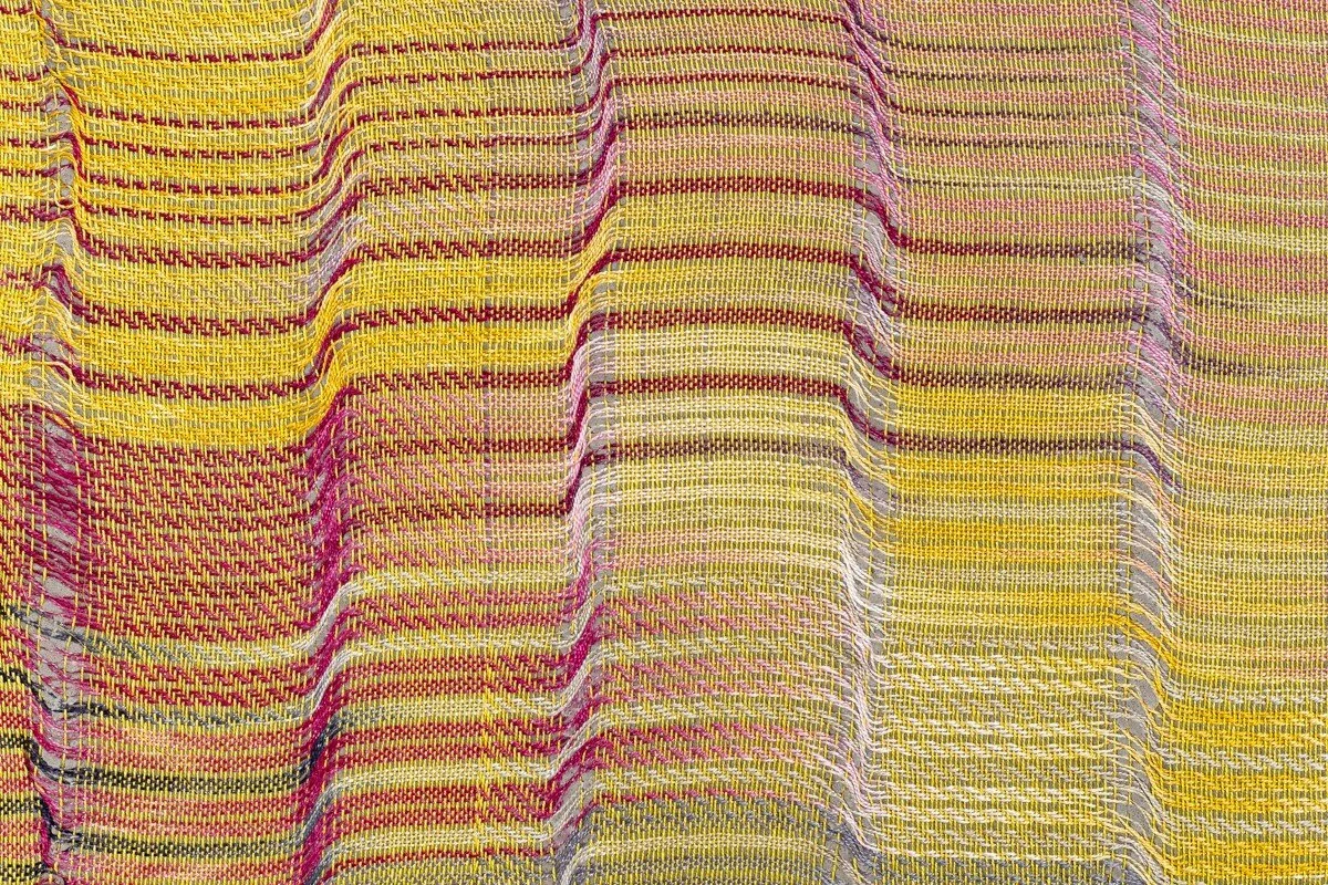 Colorful abstract mixed media sculptural weavings by Crystal Gregory at Soapbox Arts Gallery in Burlington, VT