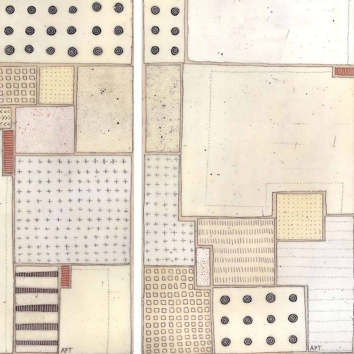 Mixed media, collage, and encaustic original artwork on panel featuring abstract geometric design in black, and neutrals by Athena Petra Tasiopoulos for Soapbox Arts Gallery