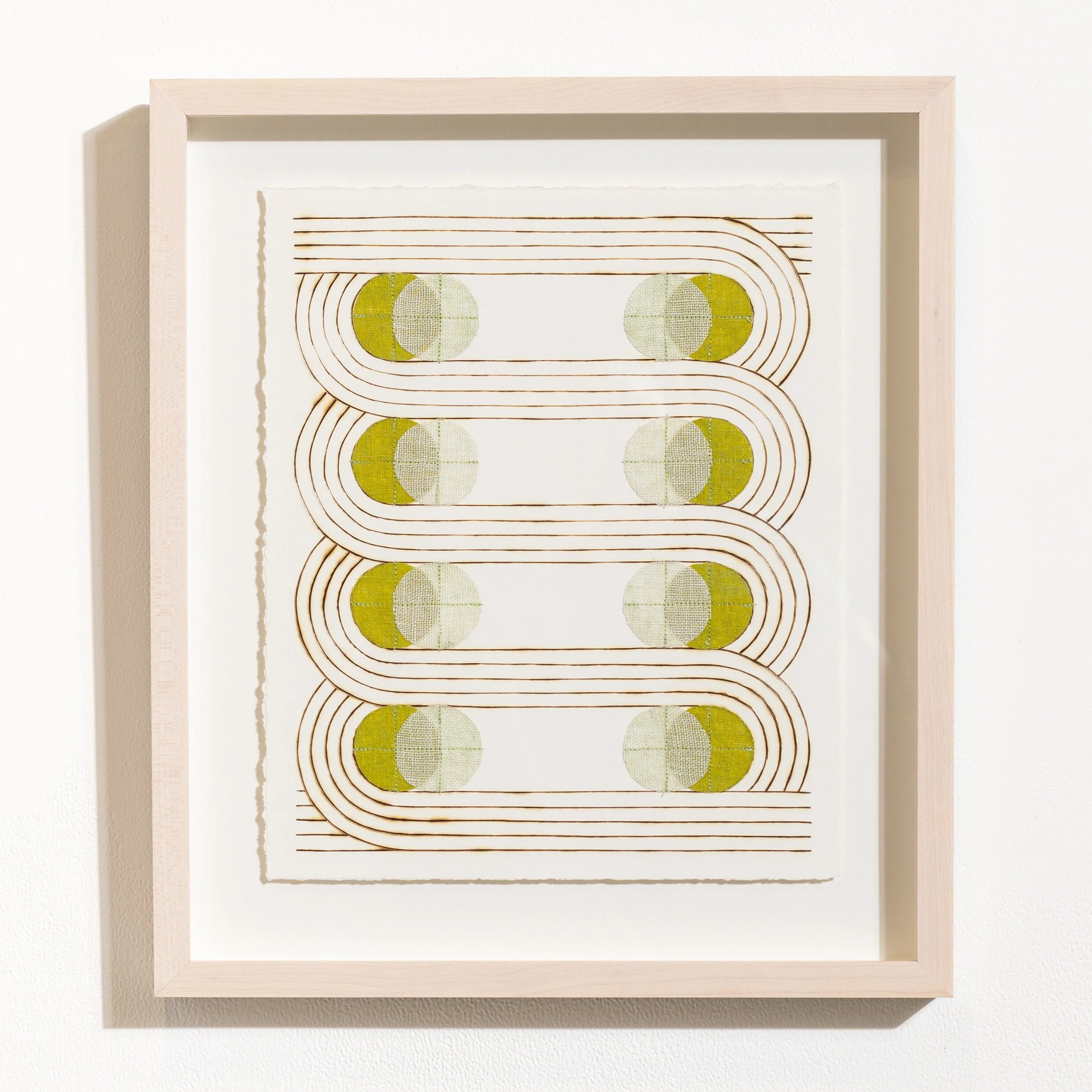 Contemporary, minimalist framed original artworks on paper with burned lines by Boston-based artist Katrine Hildebrandt-Hussey  @ Soapbox Arts Gallery