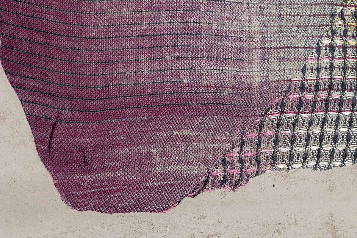 Colorful abstract mixed media sculptural weavings by Crystal Gregory at Soapbox Arts Gallery in Burlington, VT