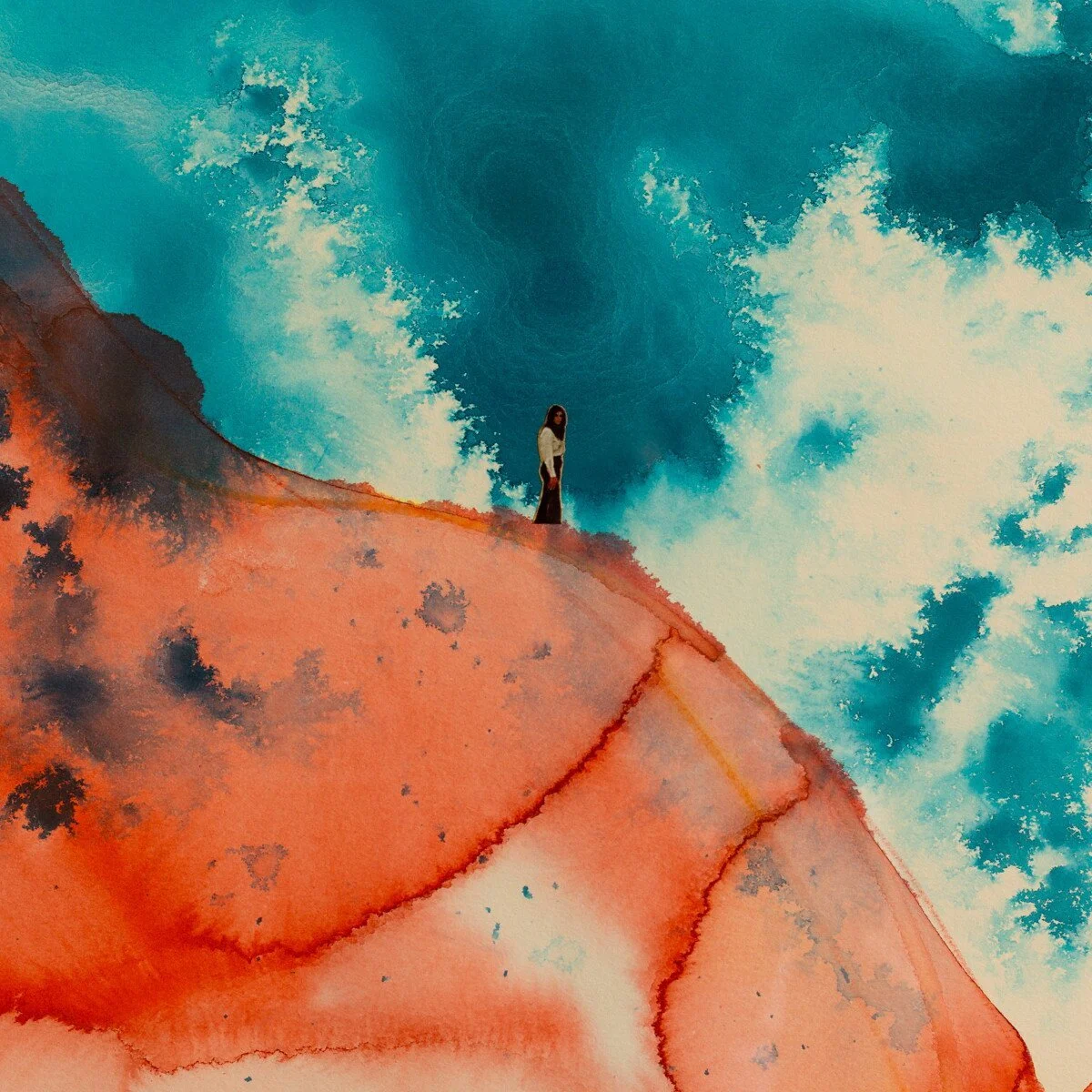 Original mixed media collage by Burlington-based artist, Vanessa Compton, of two figures on abstract watercolor hills available at Soapbox Arts Gallery in Burlington, VT