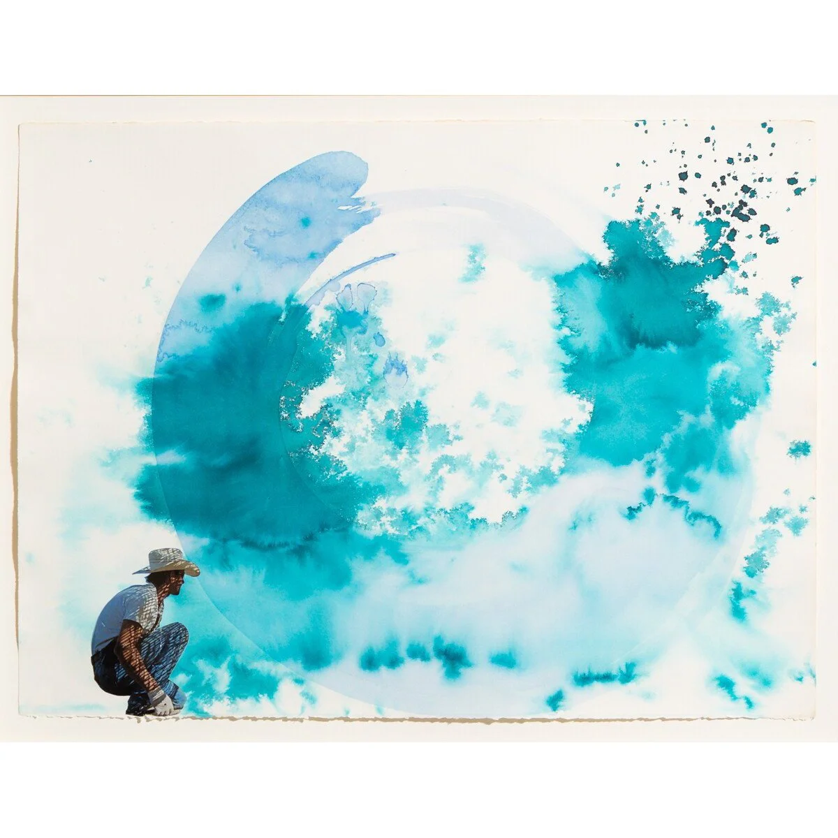 Original mixed media collage by Burlington-based artist, Vanessa Compton, of one cowboy figure with abstract watercolor shapes available at Soapbox Arts Gallery in Burlington, VT