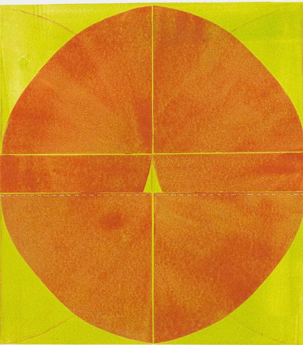 original geometric abstract monoprints with stitching on paper by Elise Whittemore for Soapbox Arts Gallery in Burlington, Vermont