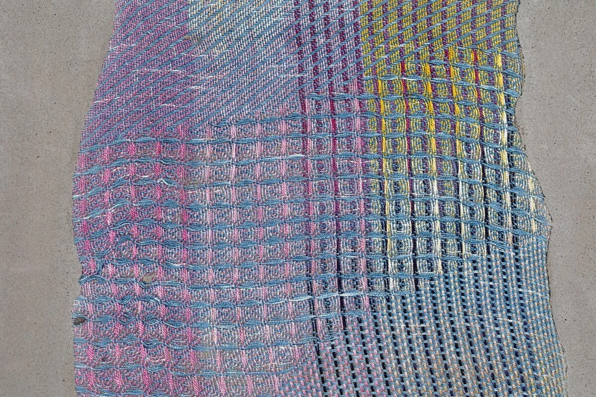Colorful abstract mixed media sculptural weavings by Crystal Gregory at Soapbox Arts Gallery in Burlington, VT