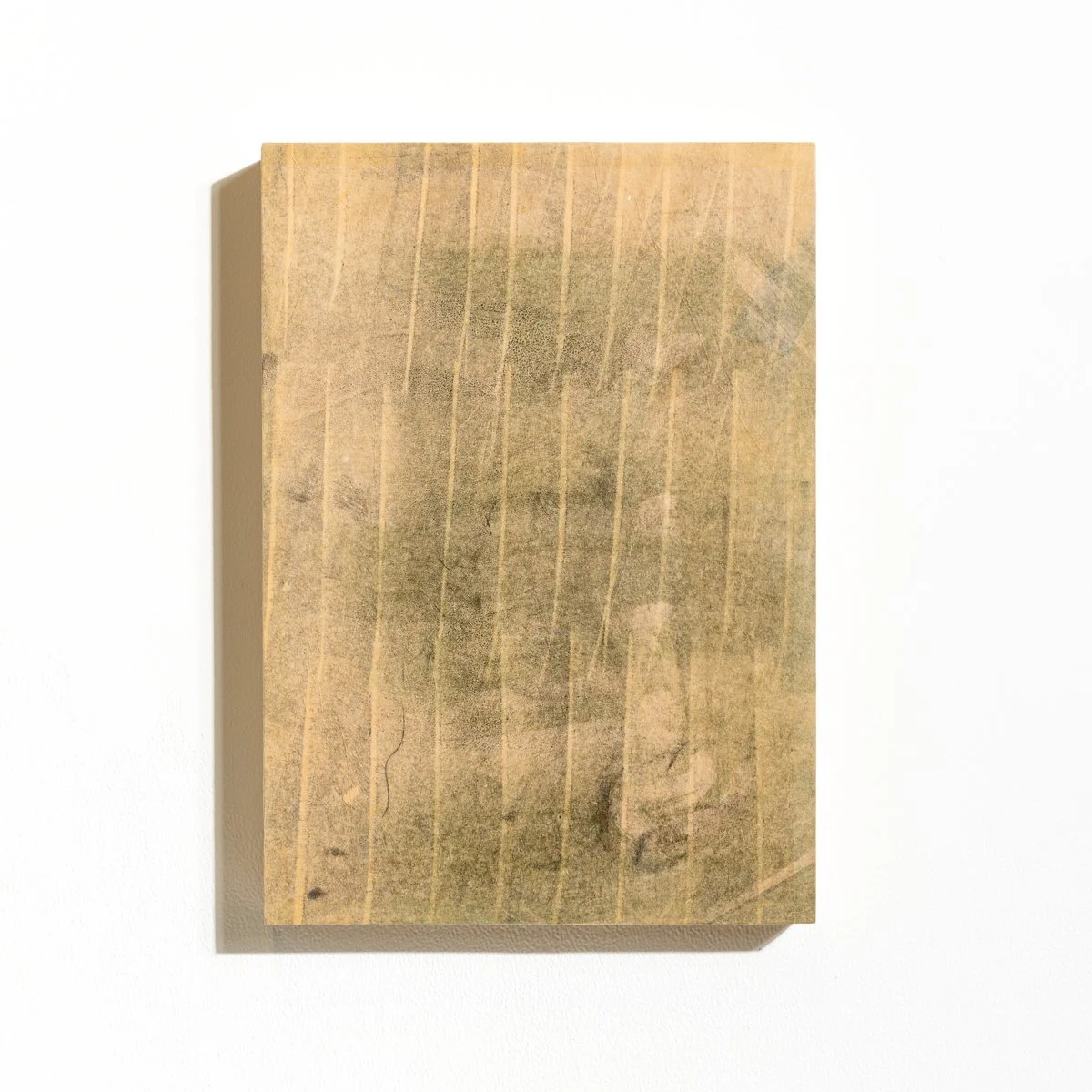 inked and printed abstract artwork on Japanese tissue mounted on panel in muted colors by Krista Mezzadri at Soapbox Arts Gallery in Burlington, VT