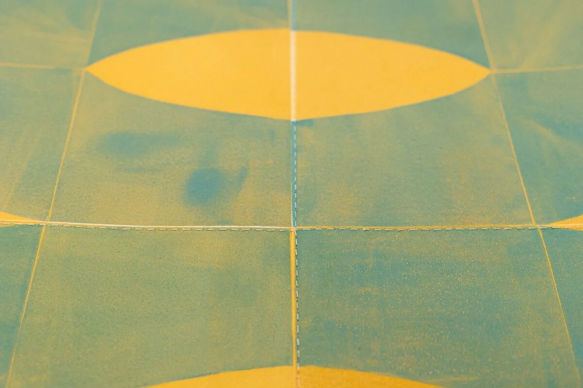 original geometric abstract monoprints with stitching on paper by Elise Whittemore for Soapbox Arts Gallery in Burlington, Vermont